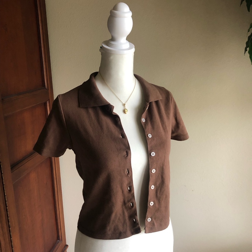John Galt-Brown Cropped Button Down Shirt